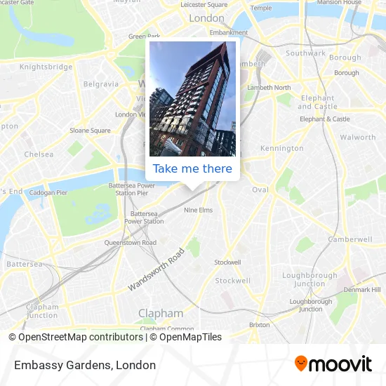 Where is embassy gardens located find exact address and transport links